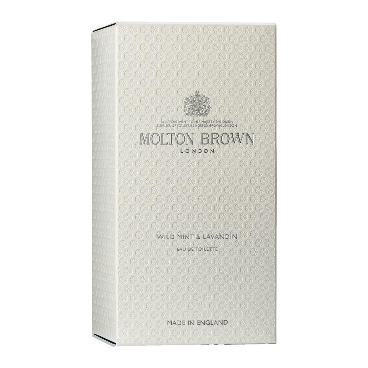 Scatola bianca con logo Molton Brown e testo: Wild Mint & Lavandin Eau de Toilette. Made in England.