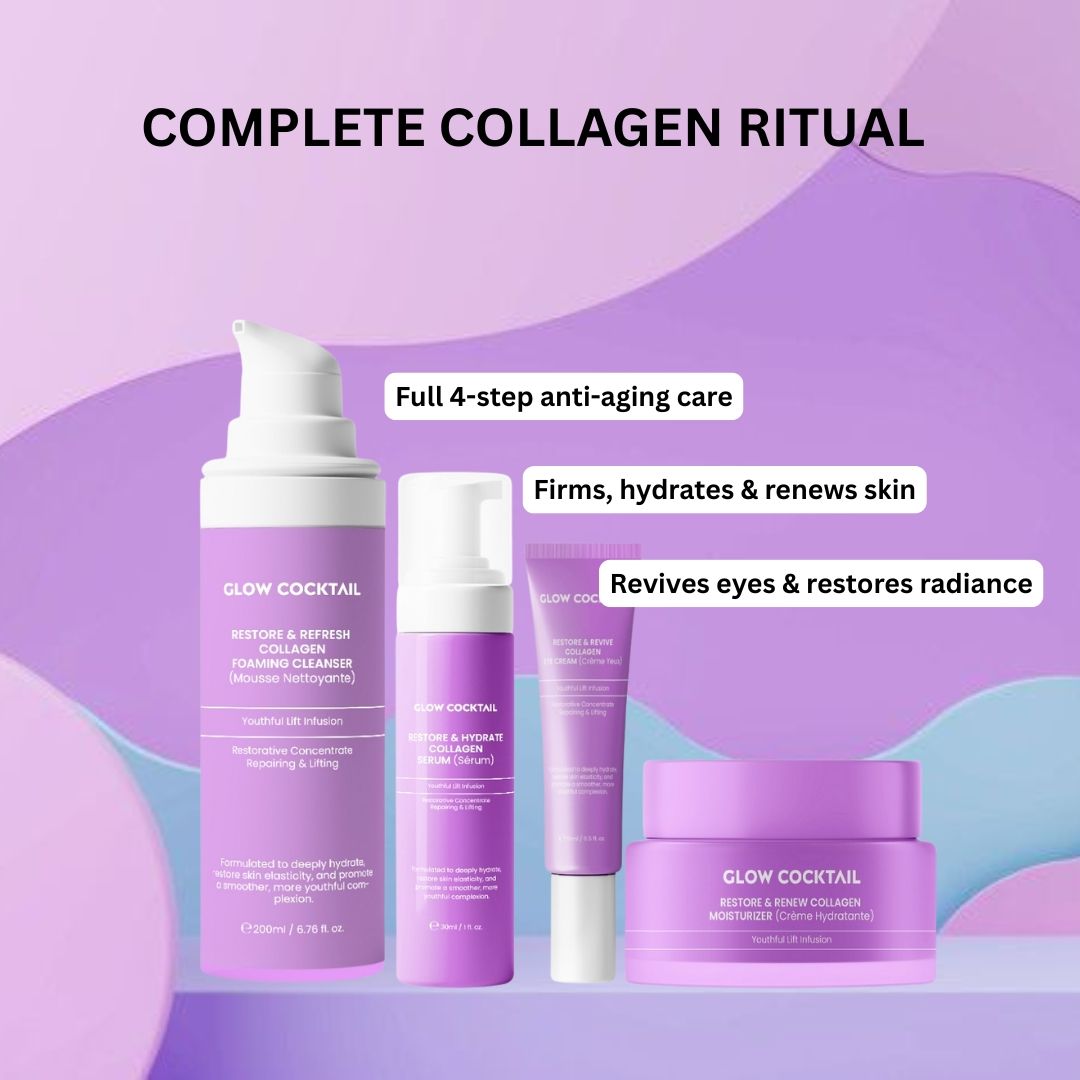 Quattro prodotti per la cura della pelle viola. Include: detergente schiumogeno, siero, crema per gli occhi e idratante. Testo: Complete Collagen Ritual.