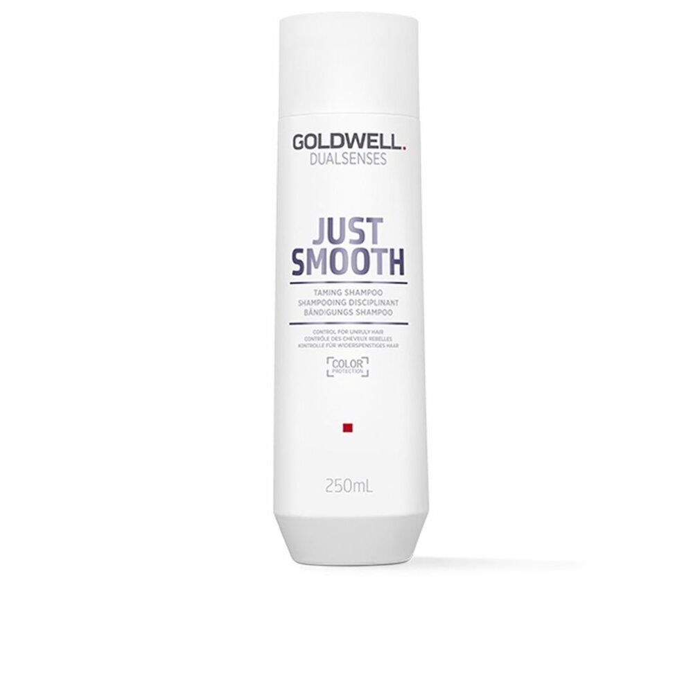 Flacone di shampoo bianco con scritta viola "JUST SMOOTH" e "GOLDWELL DUALSENSES". Contiene 250ml.