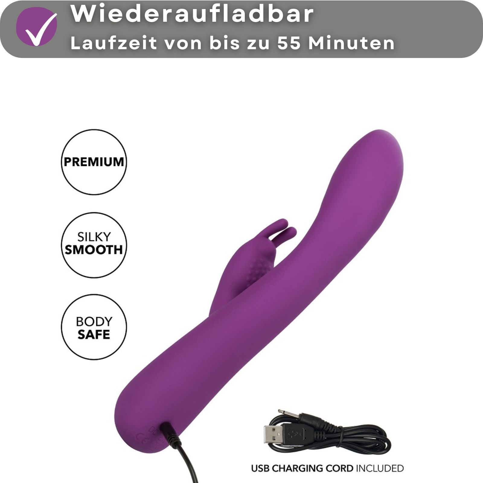 Vibratore viola con cavo USB. Testo: Ricaricabile, fino a 55 minuti di autonomia. Premium, liscio, sicuro per il corpo.