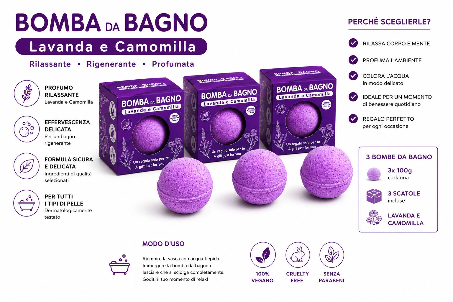BRAND ITALIA - 3 Bombe da Bagno  LAVANDA E CAMOMILLA