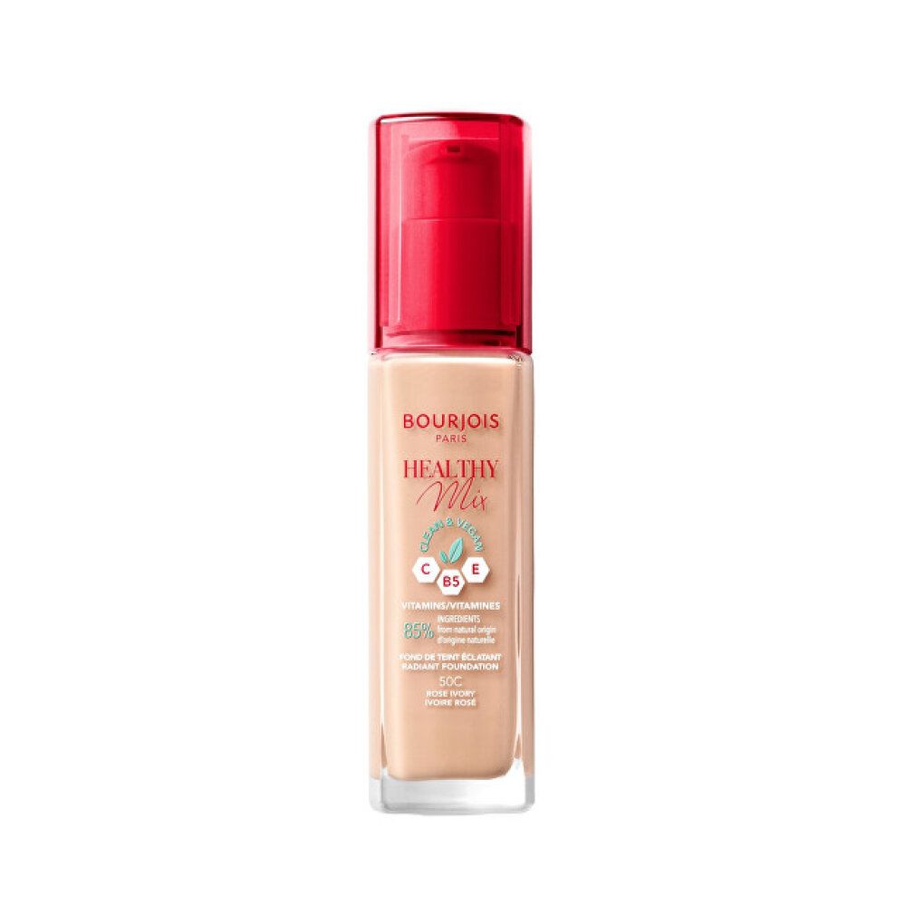 Fondotinta liquido in flacone di vetro con tappo a pompa rosso. Scritta: Bourjois Healthy Mix. Tonalità: 54-Beige.