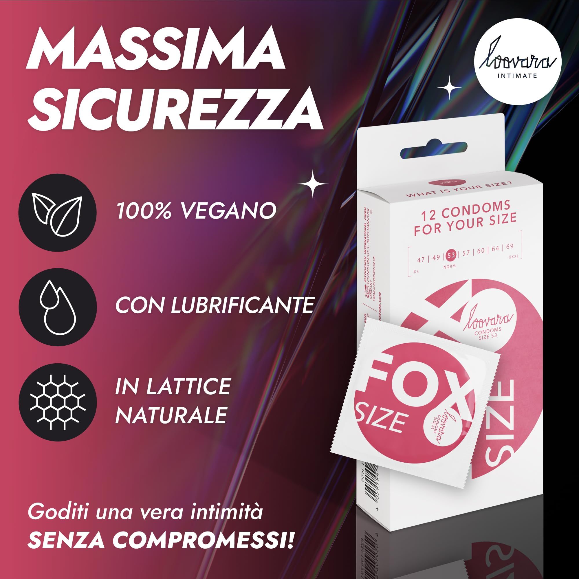 Confezione da 12 preservativi Loovara, vegani, con lubrificante, in lattice naturale.
