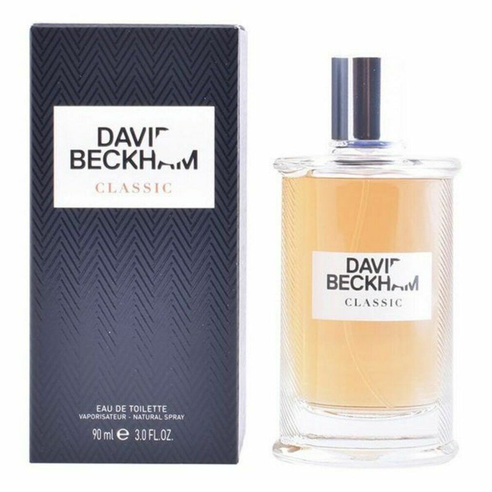 Spray Eau de Toilette e confezione. Scatola nera con scritta bianca DAVID BECKHAM CLASSIC. Flacone con tappo argentato.