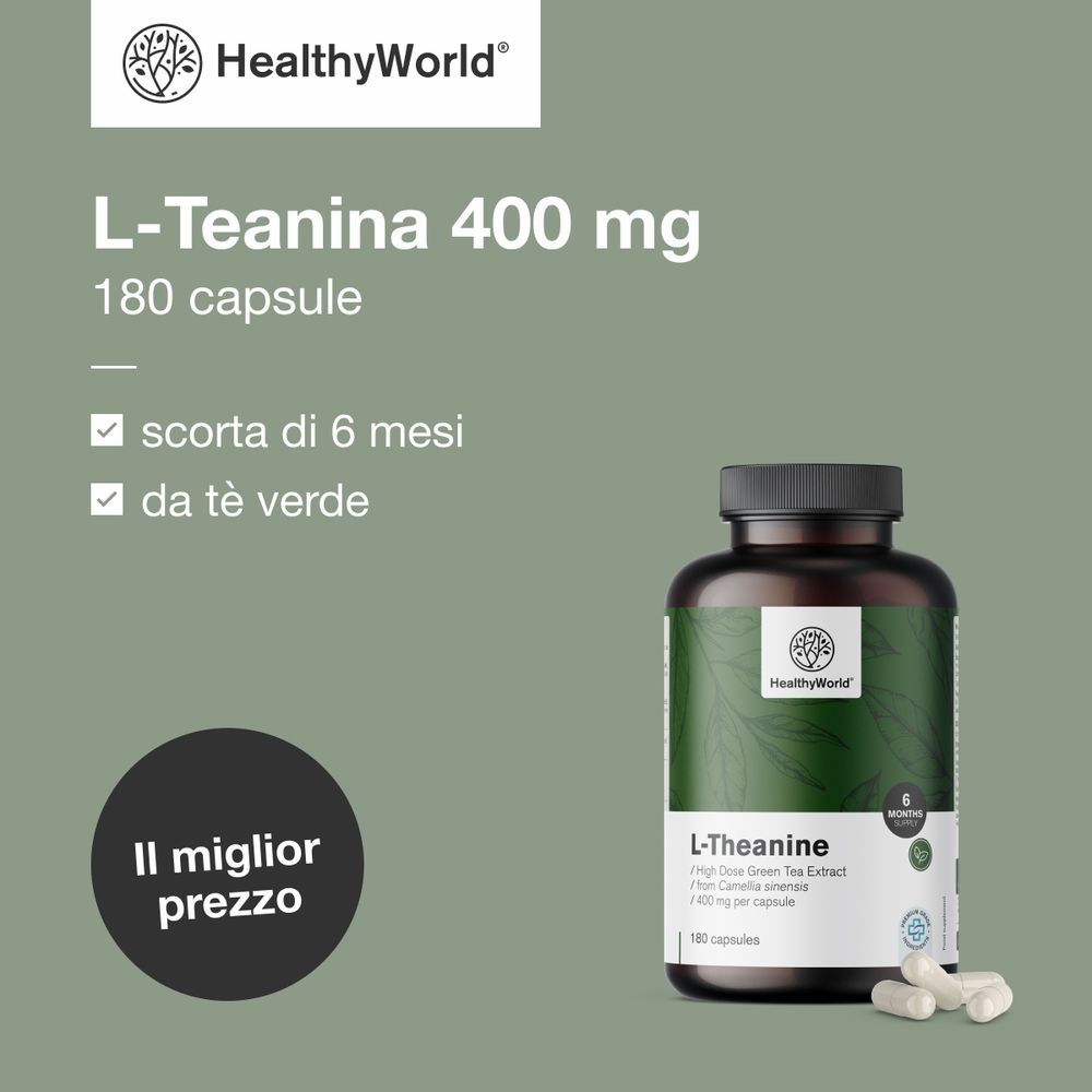 Flacone con capsule. Scritta: L-Teanina, 400 mg, 180 capsule. Marchio: HealthyWorld. Testo: Il miglior prezzo.
