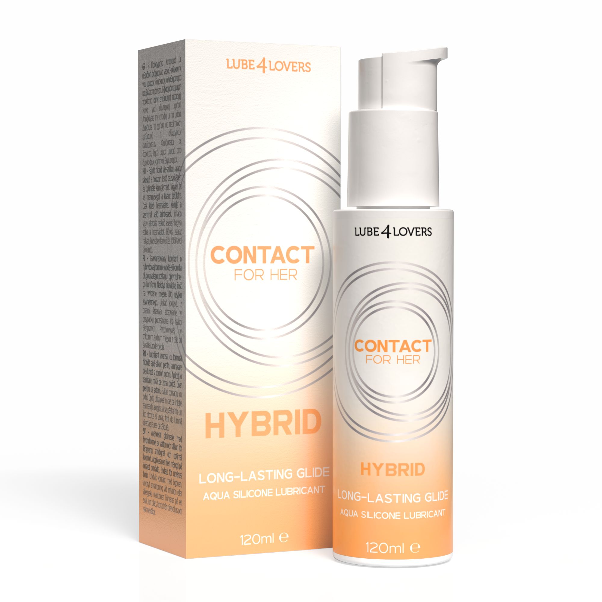 Flacone e confezione con testo: CONTACT FOR HER, HYBRID, LONG-LASTING GLIDE, AQUA SILICONE LUBRICANT. Marchio: LUBE 4 LOVERS. Sfumatura bianco-arancio.