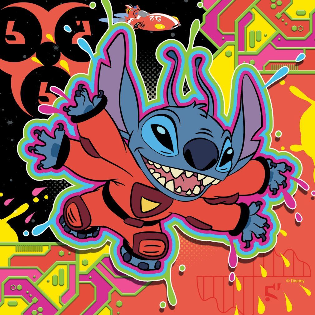 Puzzle di Stitch. Stitch in tuta arancione su sfondo colorato. Una navetta spaziale rossa sullo sfondo.