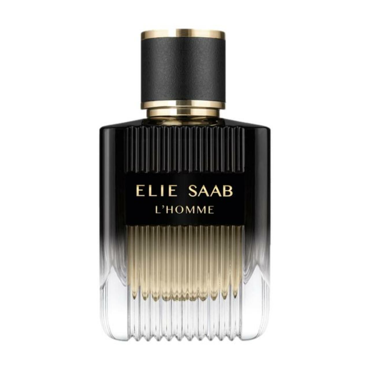 Flacone nero con tappo dorato. Scritta: ELIE SAAB L'HOMME. Strisce verticali.