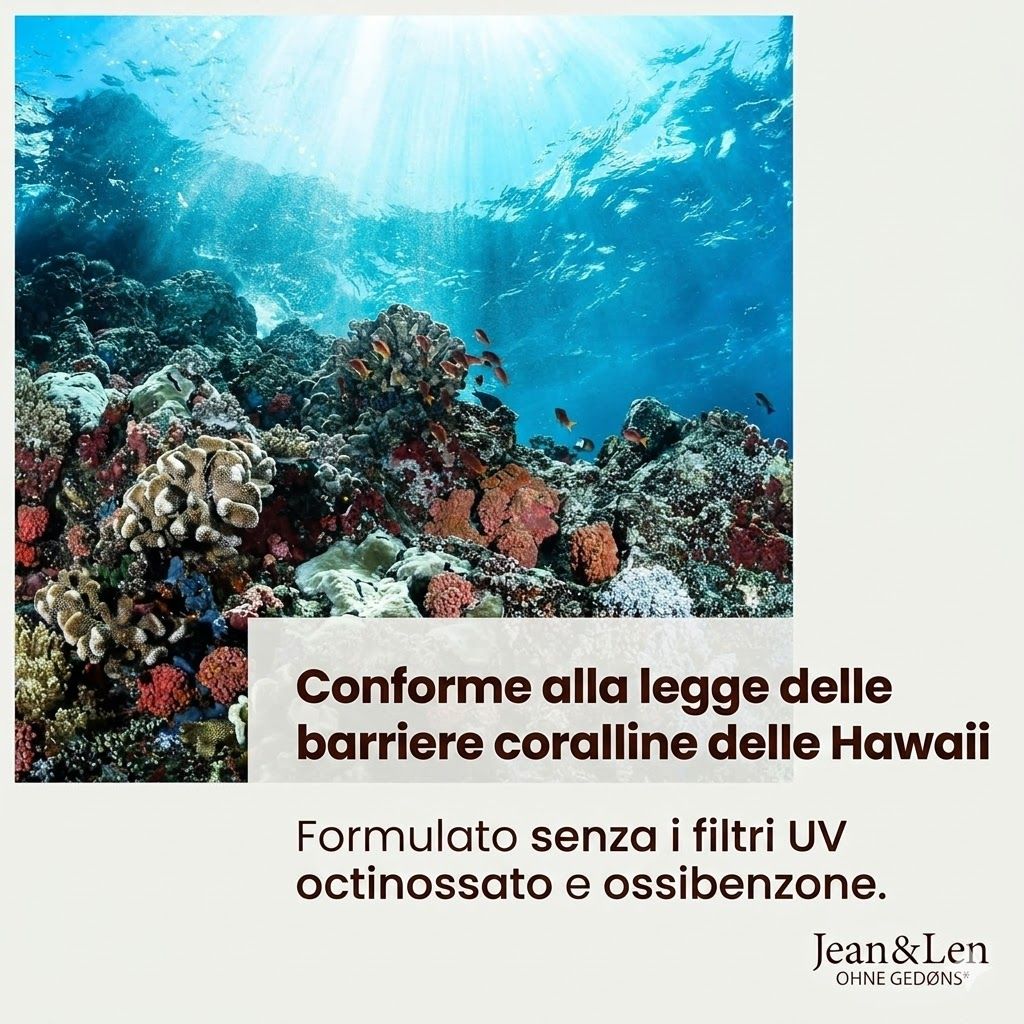 Immagine subacquea con barriera corallina. Testo: Conforme alla legge delle barriere coralline delle Hawaii. Senza Octinoxato e Ossibenzone.