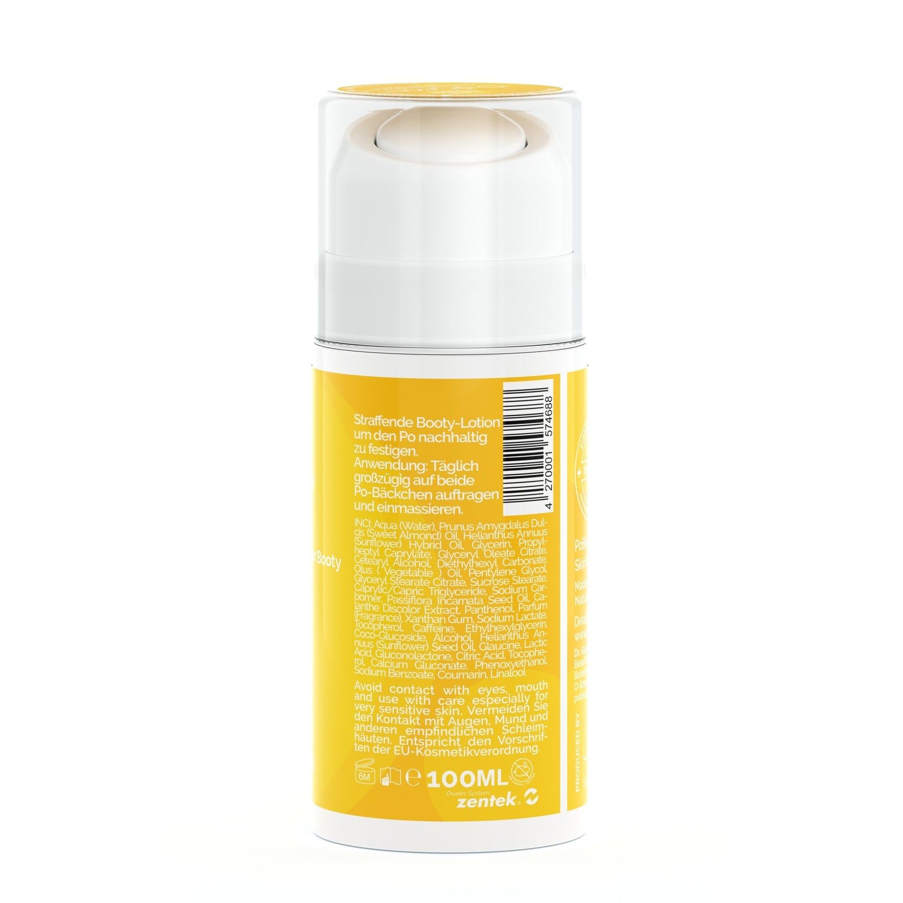 Flacone giallo con tappo bianco. Scritta: Toning Booty-Lotion. Testo in tedesco. In basso: 100ml. Logo: Zentek.