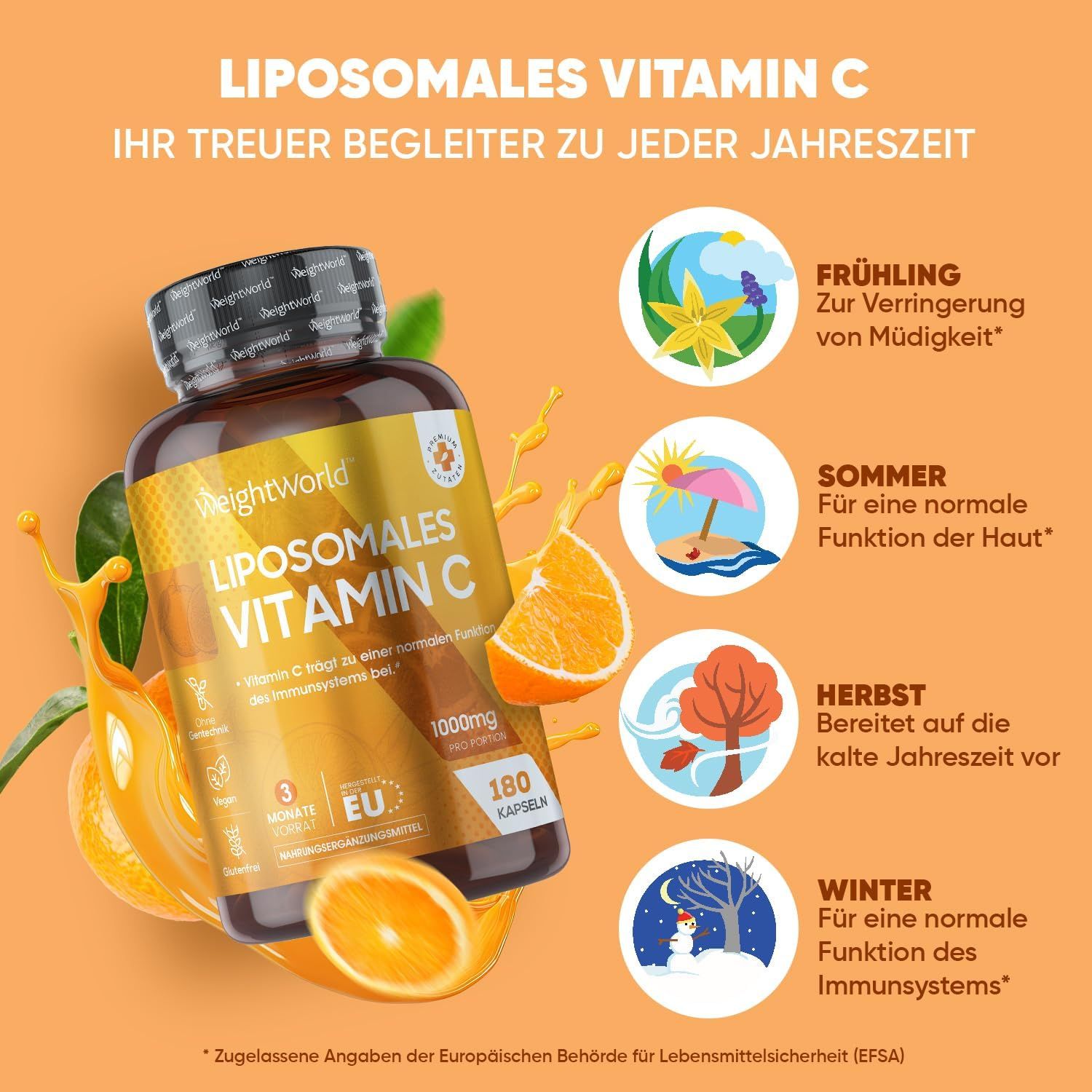 Flacone di WeightWorld Liposomales Vitamin C. Vantaggi per primavera, estate, autunno e inverno. Arancia.