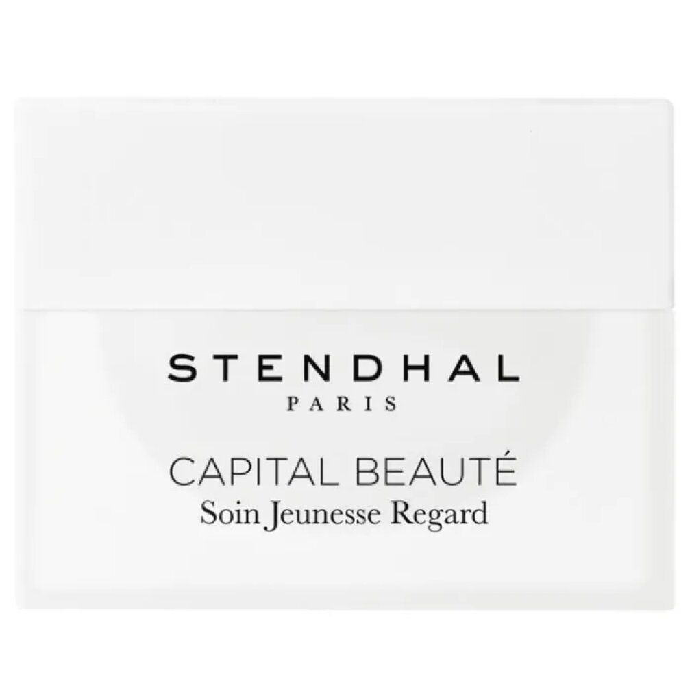 Vasetto bianco con coperchio. Scritta: STENDHAL PARIS, CAPITAL BEAUTÉ Soin Jeunesse Regard.