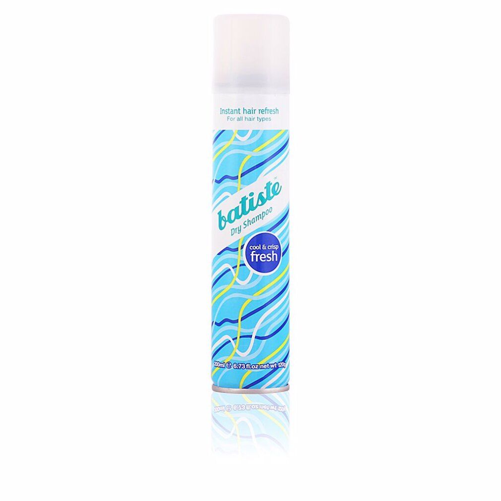 Shampoo secco Batiste, azzurro, con linee ondulate e scritte. Visibili "Fresh" e "cool & crisp".