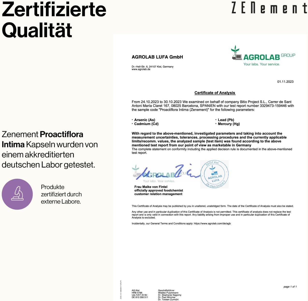 Documento di certificazione di Agrolab LUFA GmbH. Testo: "Le capsule Zenement Proactiflora Intima sono state testate da un laboratorio tedesco accreditato".