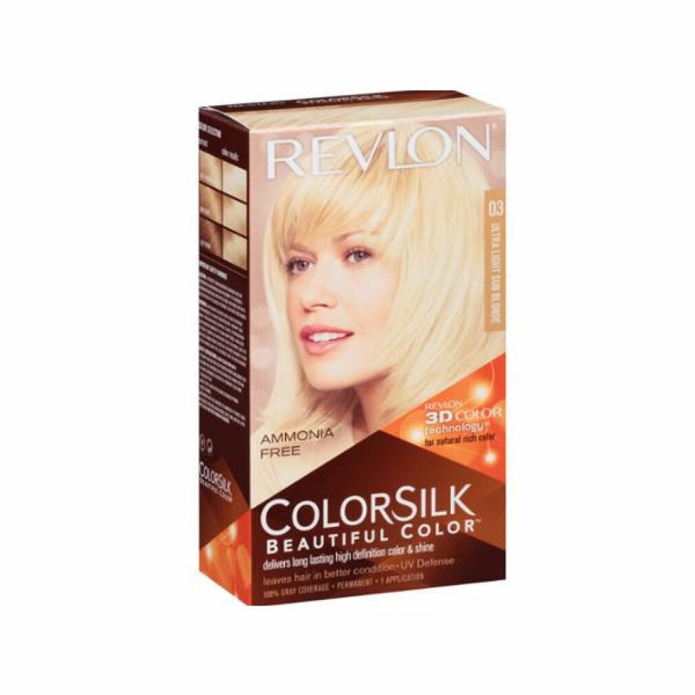 Confezione Revlon Colorsilk, Ultra Light Sun Blonde 03. Senza ammoniaca. Tecnologia 3D Color. Immagine di donna bionda.