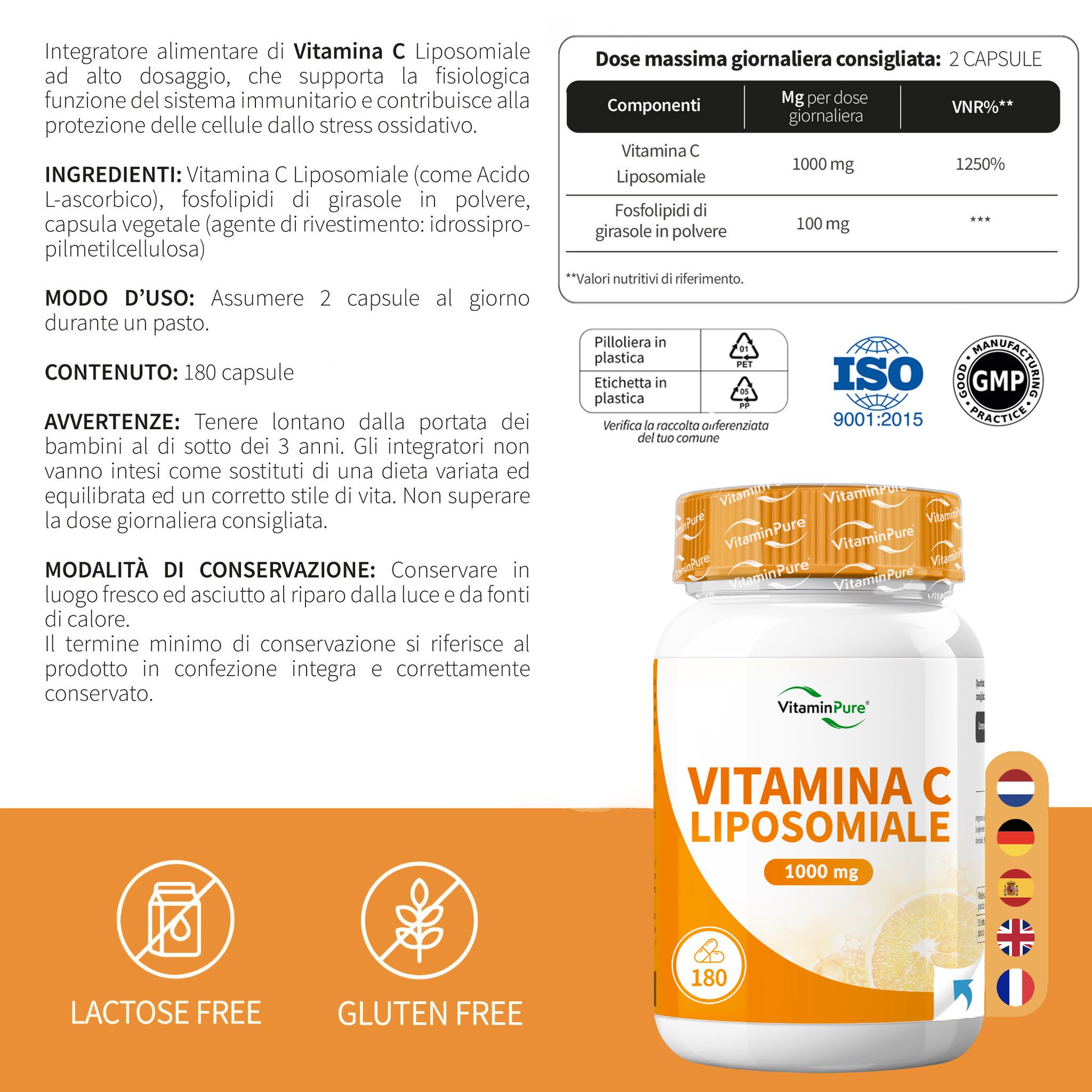 Retro della bottiglia con logo VitaminPure®, ingredienti e certificazioni.