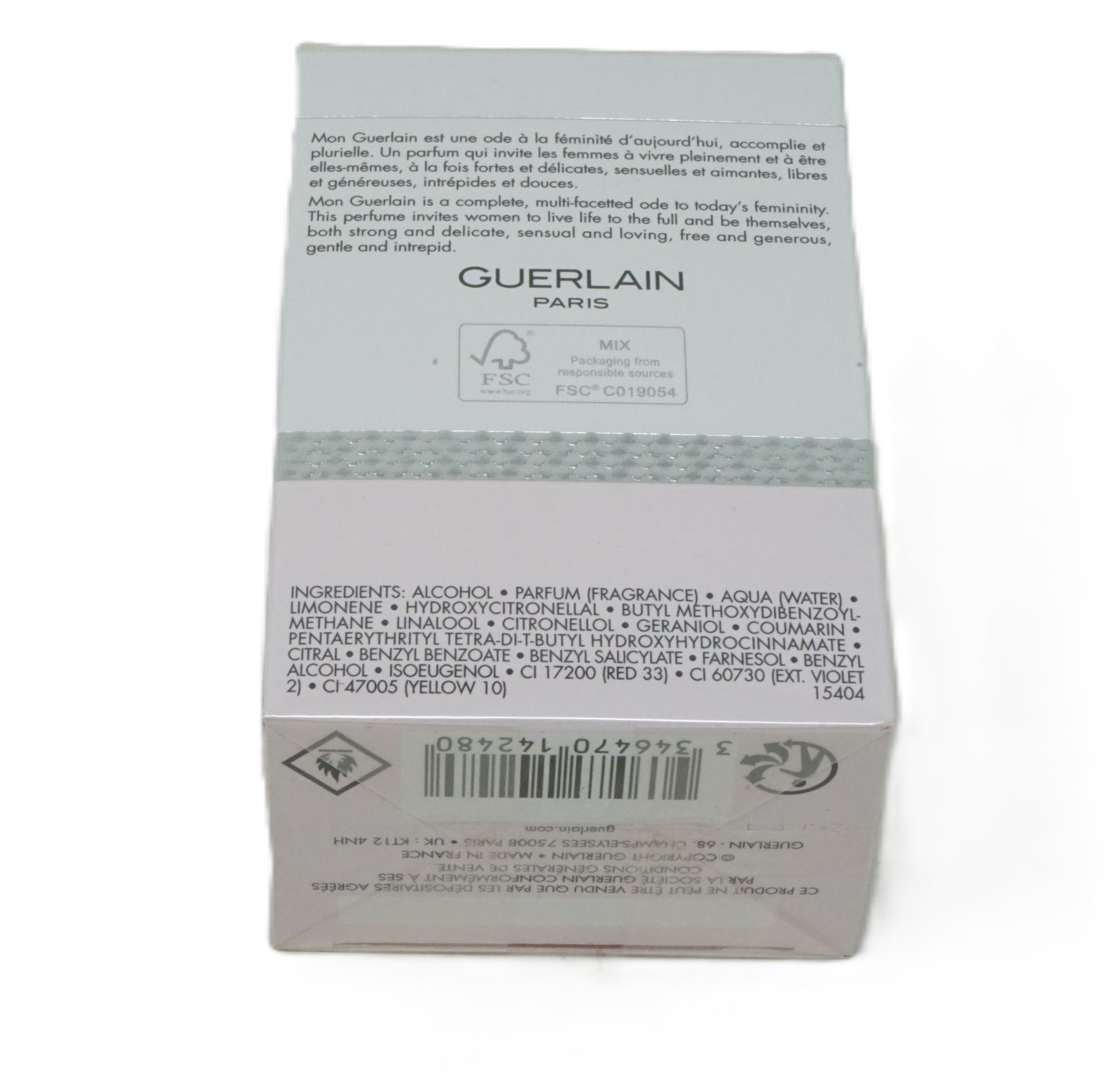 Retro della confezione del profumo. Testo con ingredienti e logo FSC. Sono visibili anche codice a barre e altri simboli.