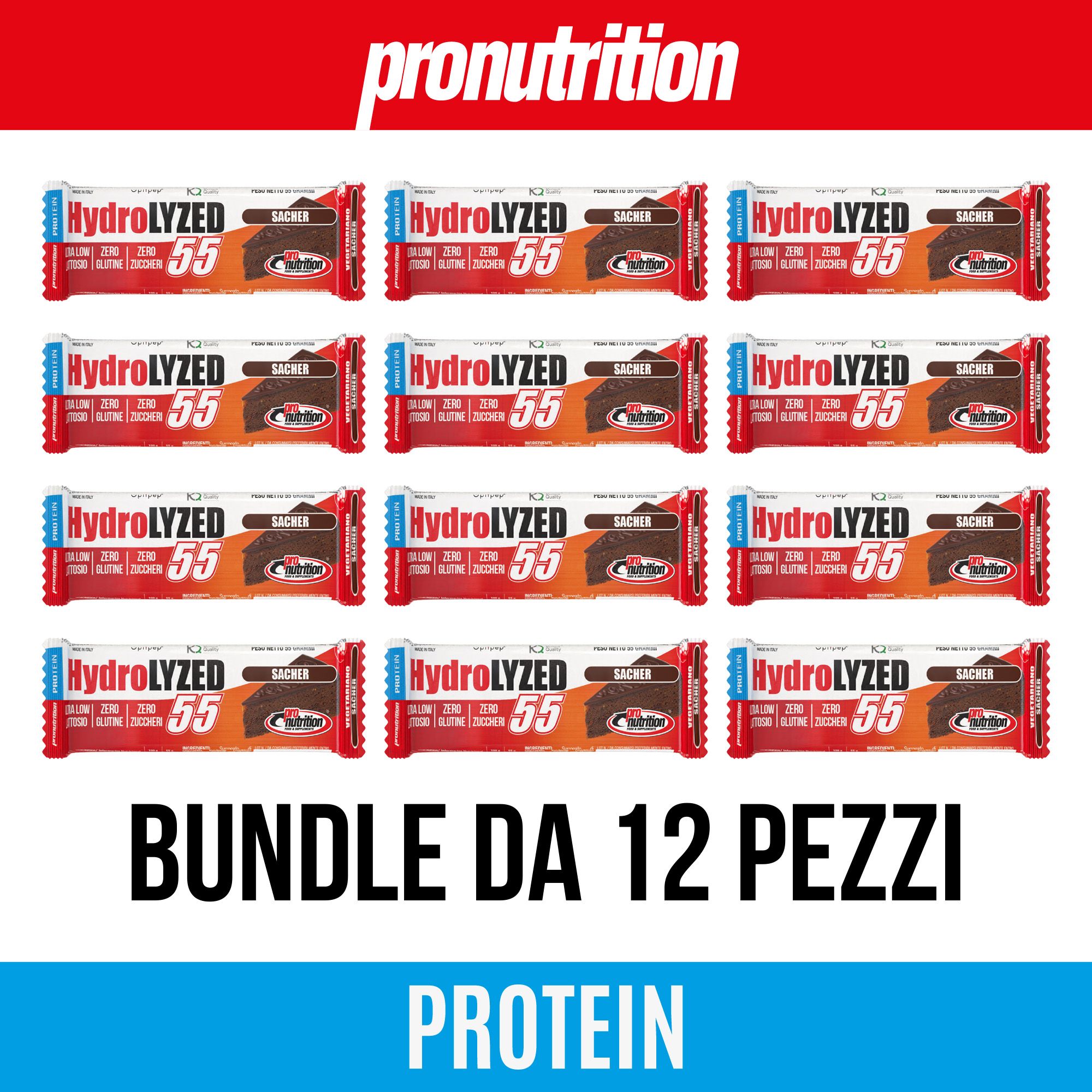 Barrette proteiche confezionate. Scritte: Hydrolyzed 55, Zero Zuccheri, Senza Glutine. Marchio: Pronutrition. Bundle da 12 pezzi.