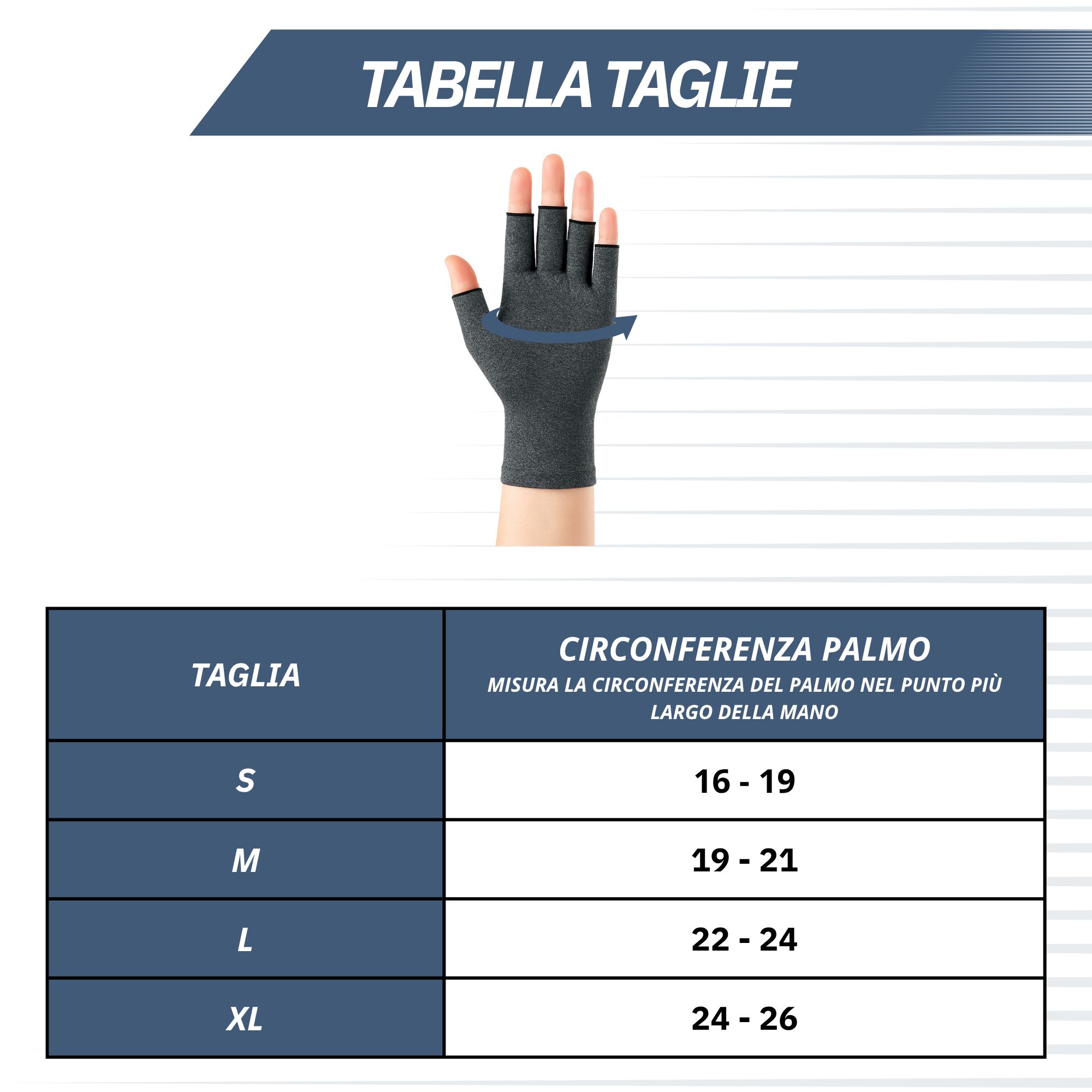 Tabella taglie per guanti a compressione con misura circonferenza palmo.