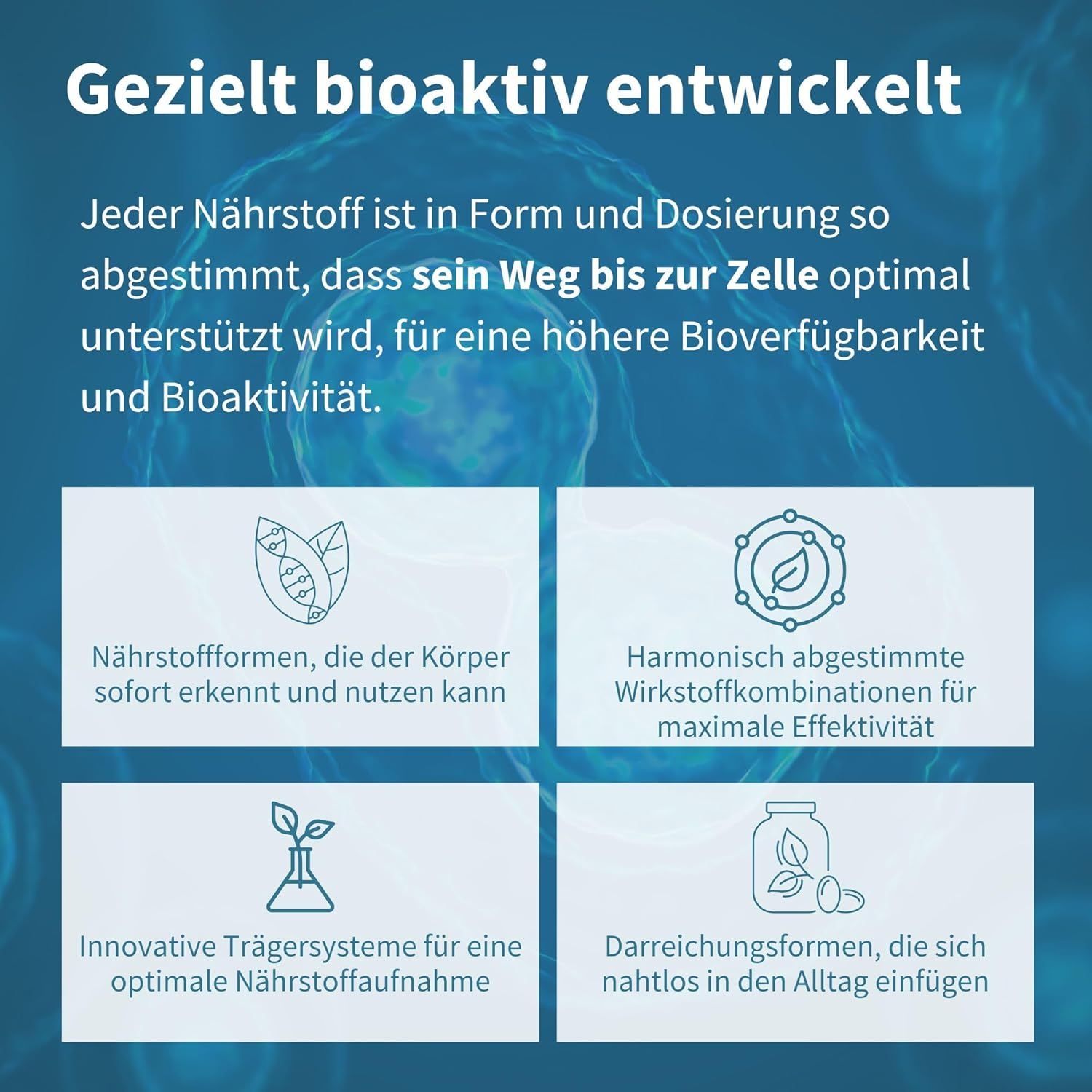 Rappresentazione grafica di quattro vantaggi. Testo: Forme di nutrienti che il corpo riconosce e utilizza immediatamente.