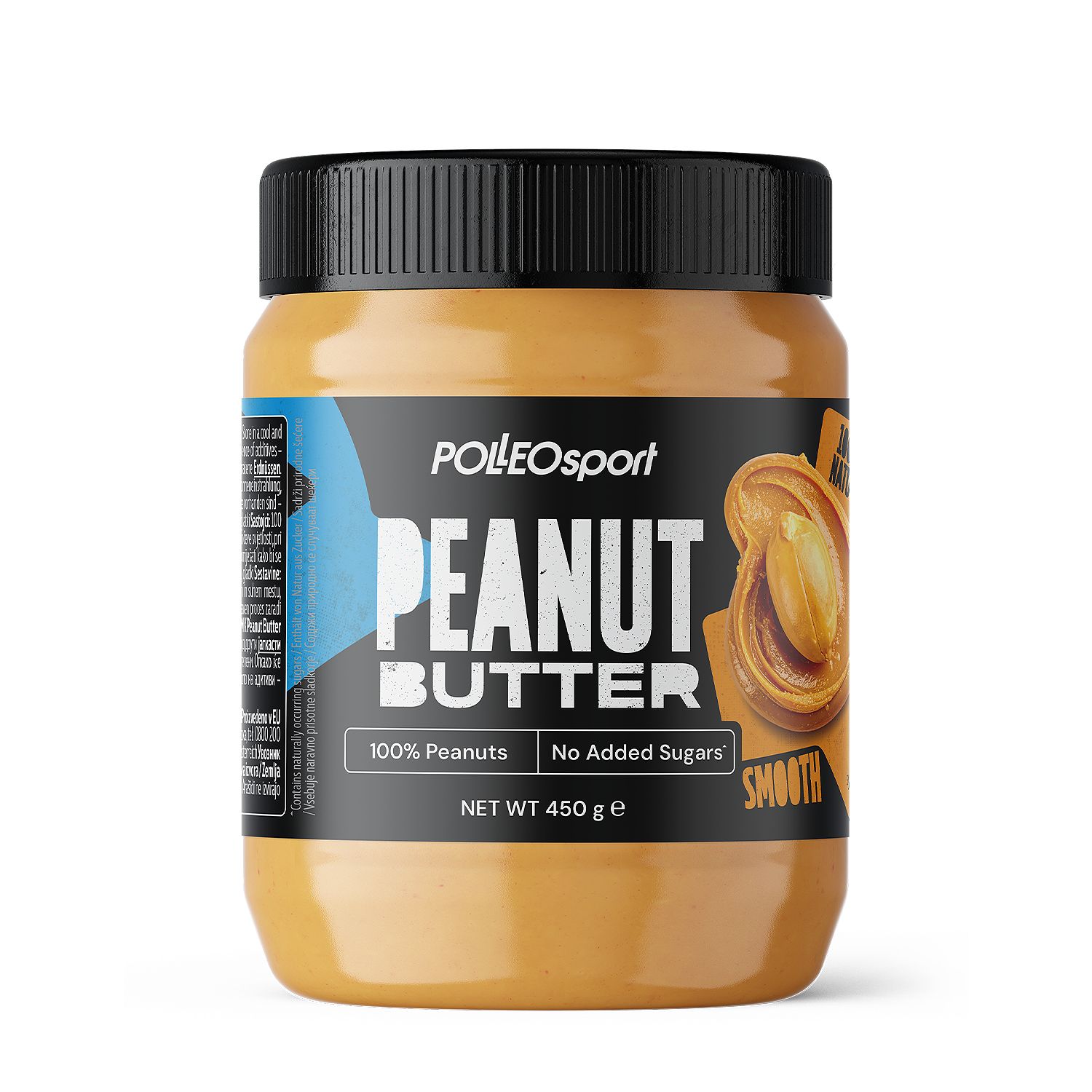 Barattolo di burro di arachidi con coperchio nero. Scritta: Polleo Sport Peanut Butter, 100% Peanuts, No Added Sugars, Smooth.