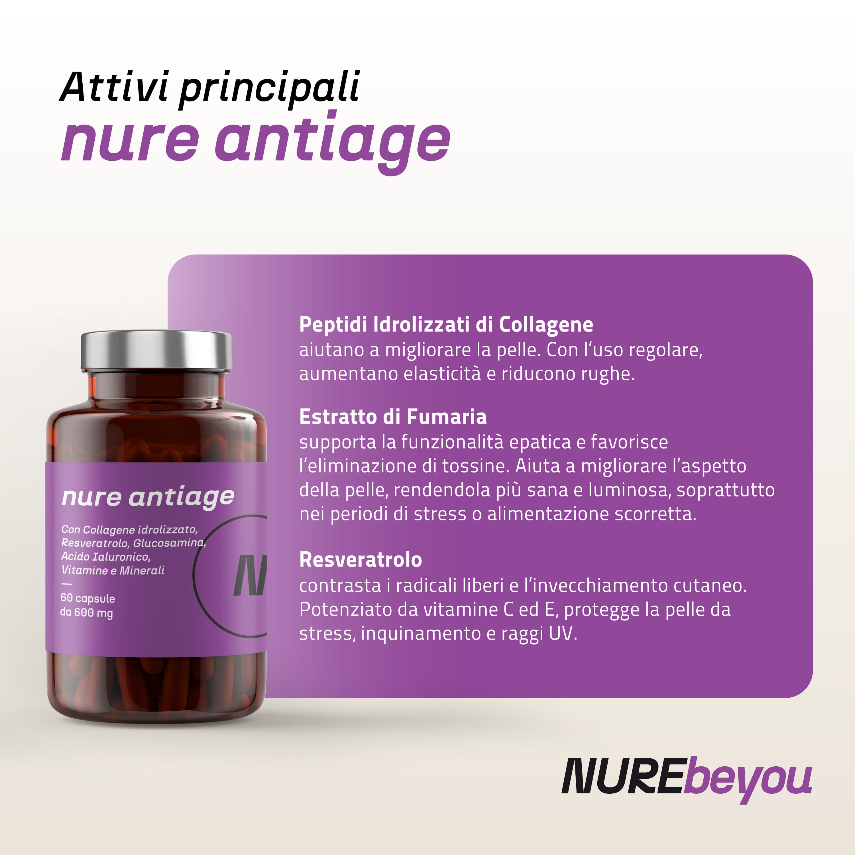 NURE Antiage 60cps | Integratore Anti-invecchiamento, integratore collagene, acido ialuronico viso