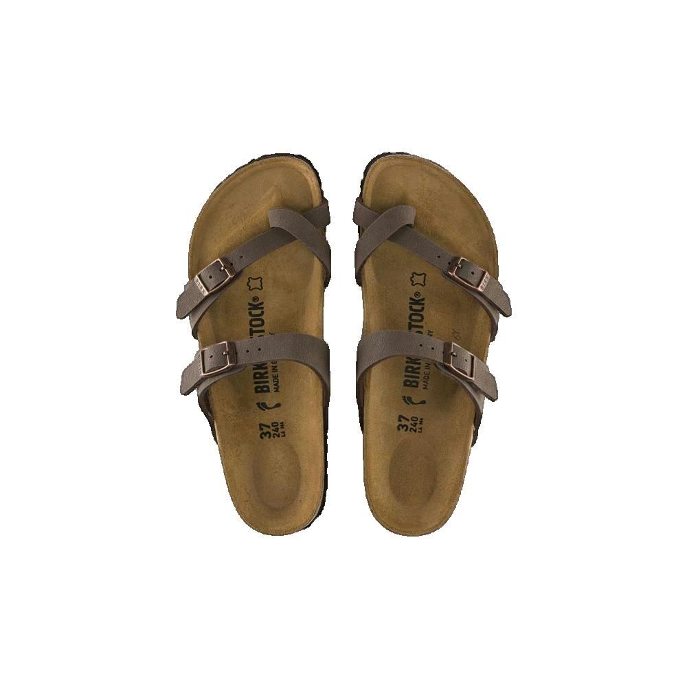 Due sandali con cinturini e fibbie. Plantare in sughero. Pelle grigia. Birkenstock.