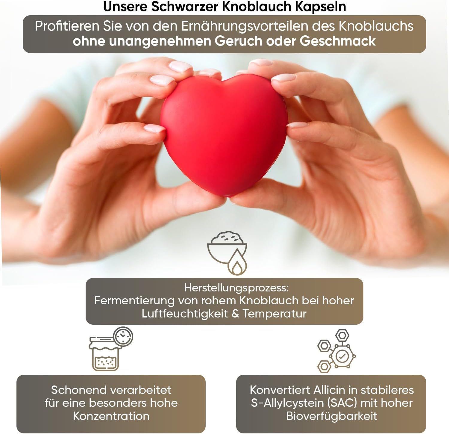 Mani che tengono un cuore rosso. Testo: Processo di produzione: fermentazione dell'aglio crudo ad alta umidità e temperatura.