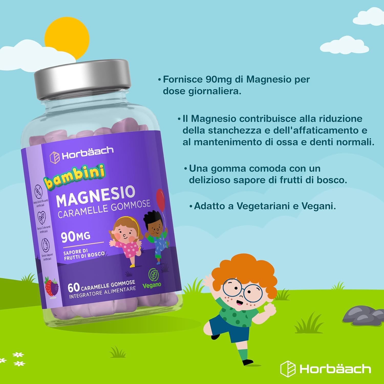 Flacone di Horbaach Kinder Magnesium Gummies. Testo: 90mg, gusto bacche, 60 caramelle gommose, vegano. Con illustrazioni e testo.
