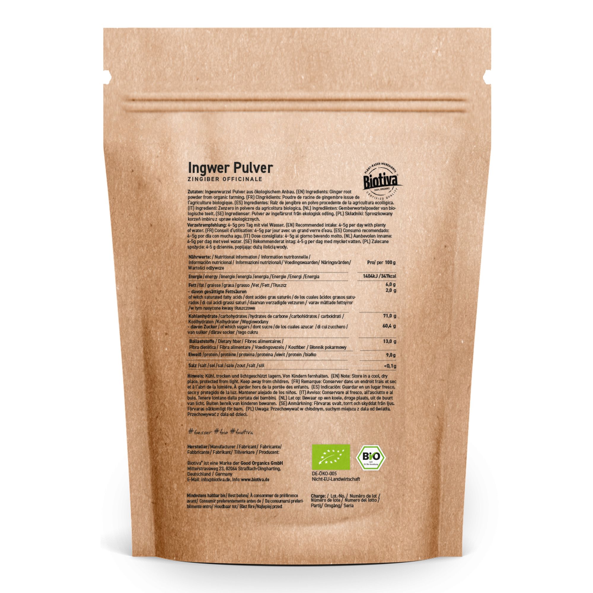 Confezione in carta marrone con informazioni sul prodotto. Stampa: Ingwer Pulver, Biotiva, marchio bio.