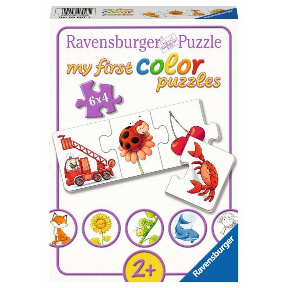 Due puzzle da 4 pezzi ciascuno. Illustrazioni: nuvola, pupazzo di neve, cigno, pecora, balena, artigiano, uva, auto della polizia. Pezzi blu e bianchi.