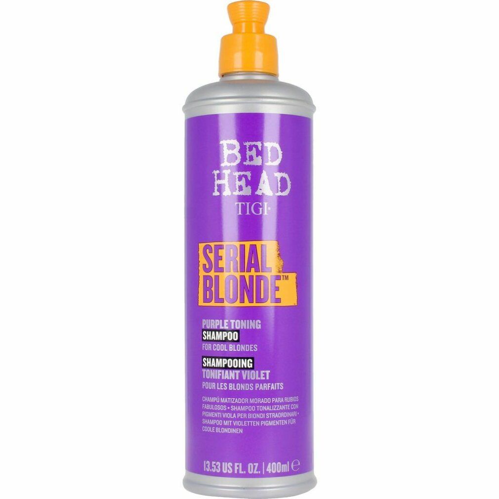 Shampoo viola Bed Head Tigi. Bottiglia con tappo giallo. Scritta: Serial Blonde, Purple Toning Shampoo.