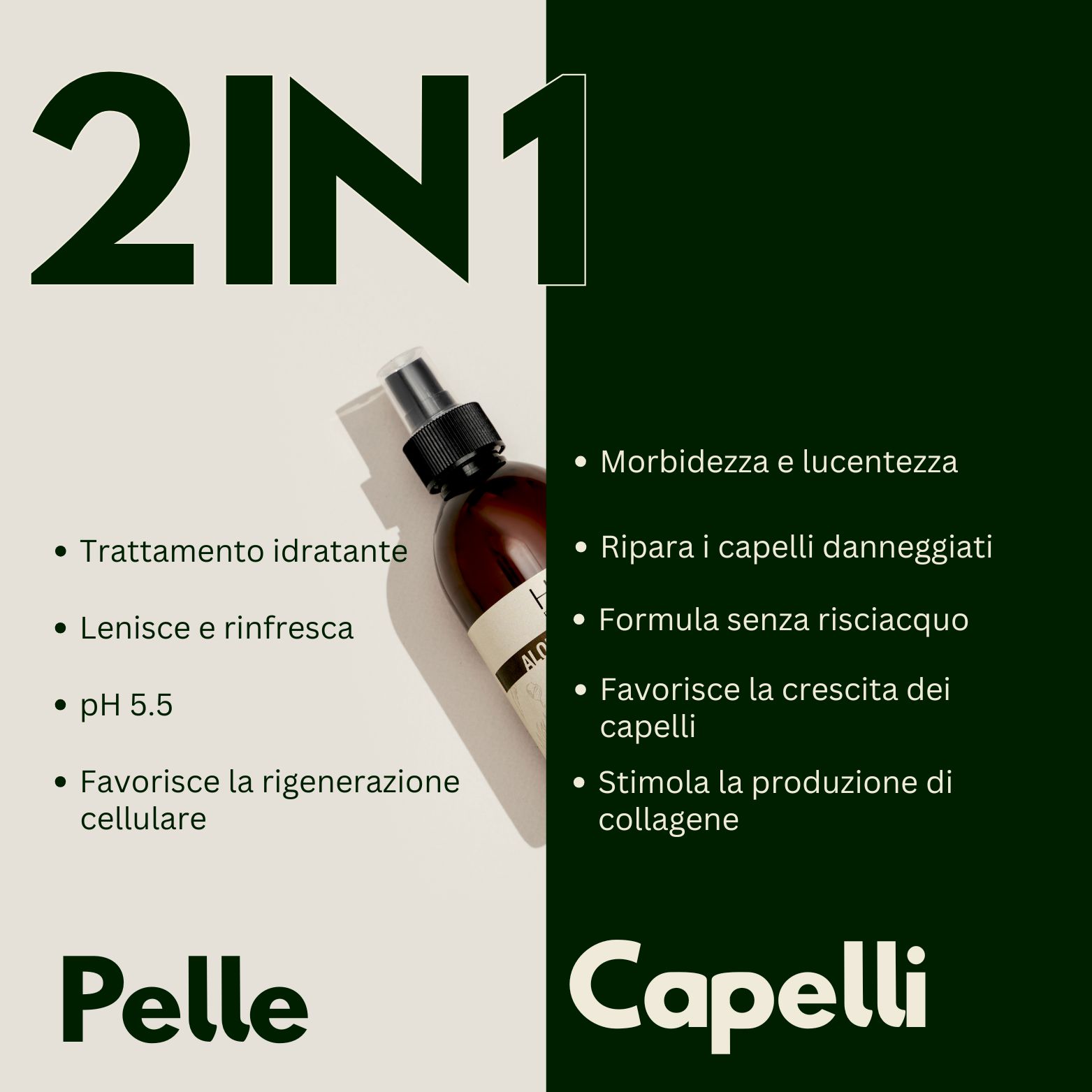 Flacone Hairfluencer Aloe Vera Spray con testo "2IN1 Spray per pelle e capelli".