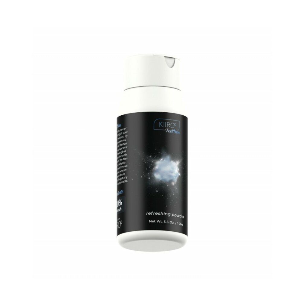 Flacone bianco e nero con tappo bianco. Scritta: Kiiroo FeelNew, refreshing powder. Peso netto 3.5 oz./100g. Motivo a stelle.