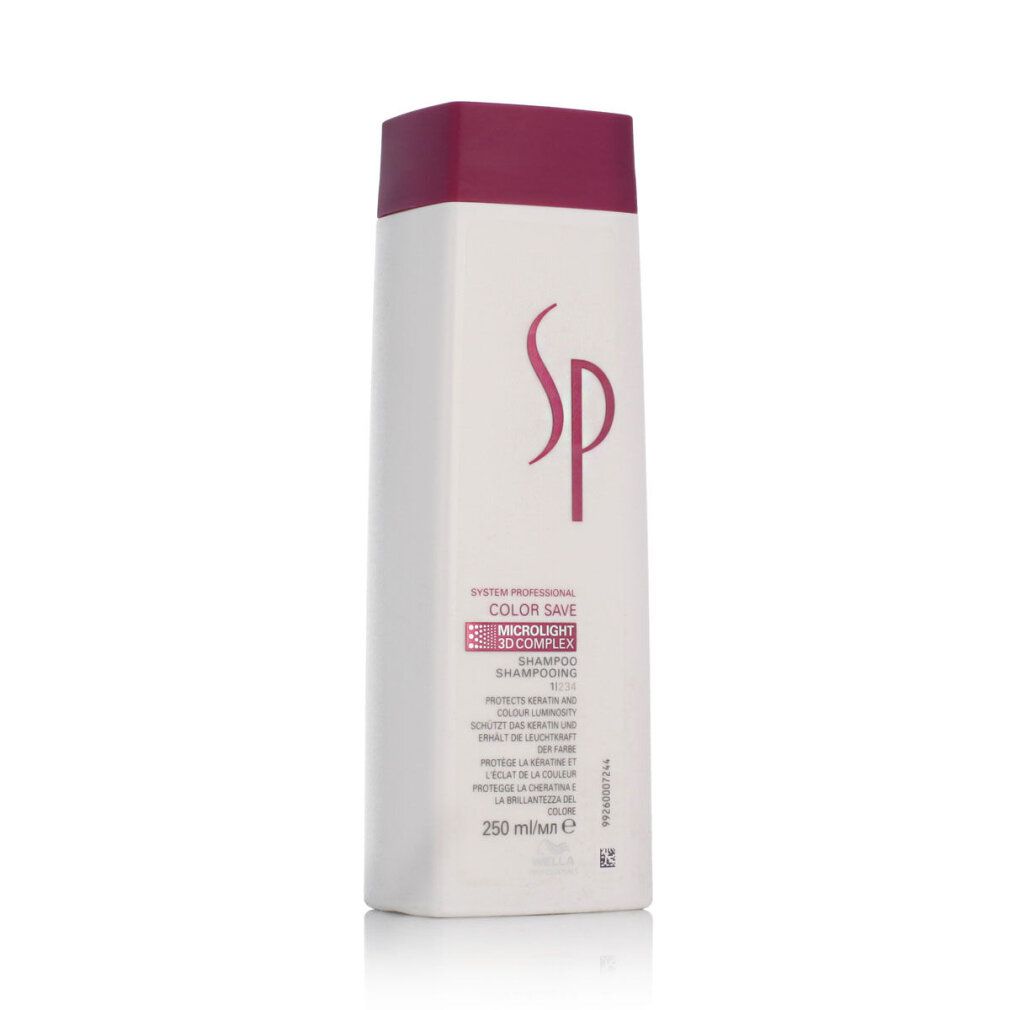 Shampoo bianco con tappo bordeaux. Scritta SP, Color Save e 3D Complex. 250ml.