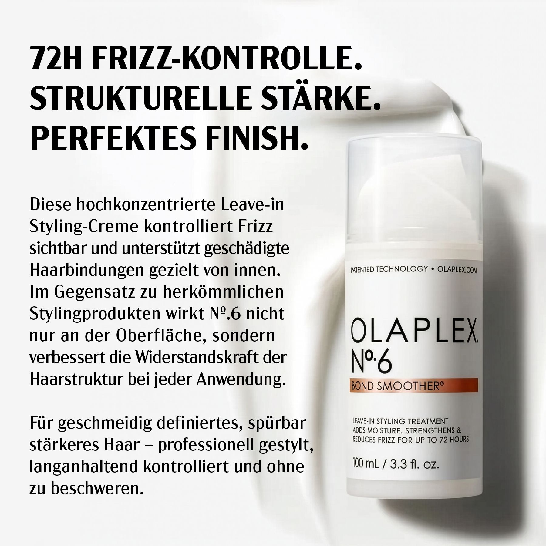 Olaplex No.6 Bond Smoother. Testo: Controllo dell'effetto crespo 72h, forza strutturale, finitura perfetta. Controlla l'effetto crespo, supporta i legami dei capelli.