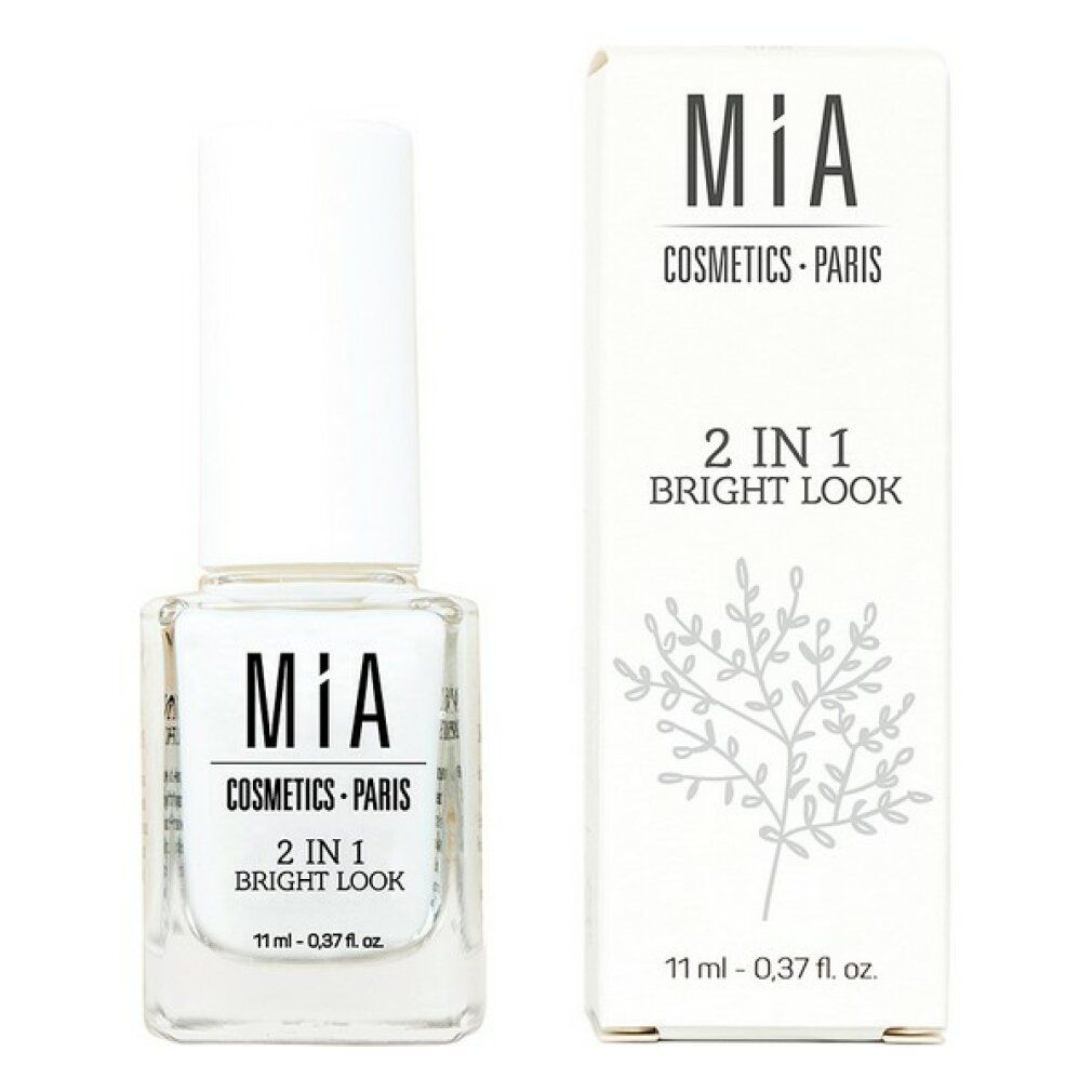 Prodotto per unghie con tappo bianco e confezione. Scritta: Mía Cosmetics Paris, 2 in 1 Bright Look.