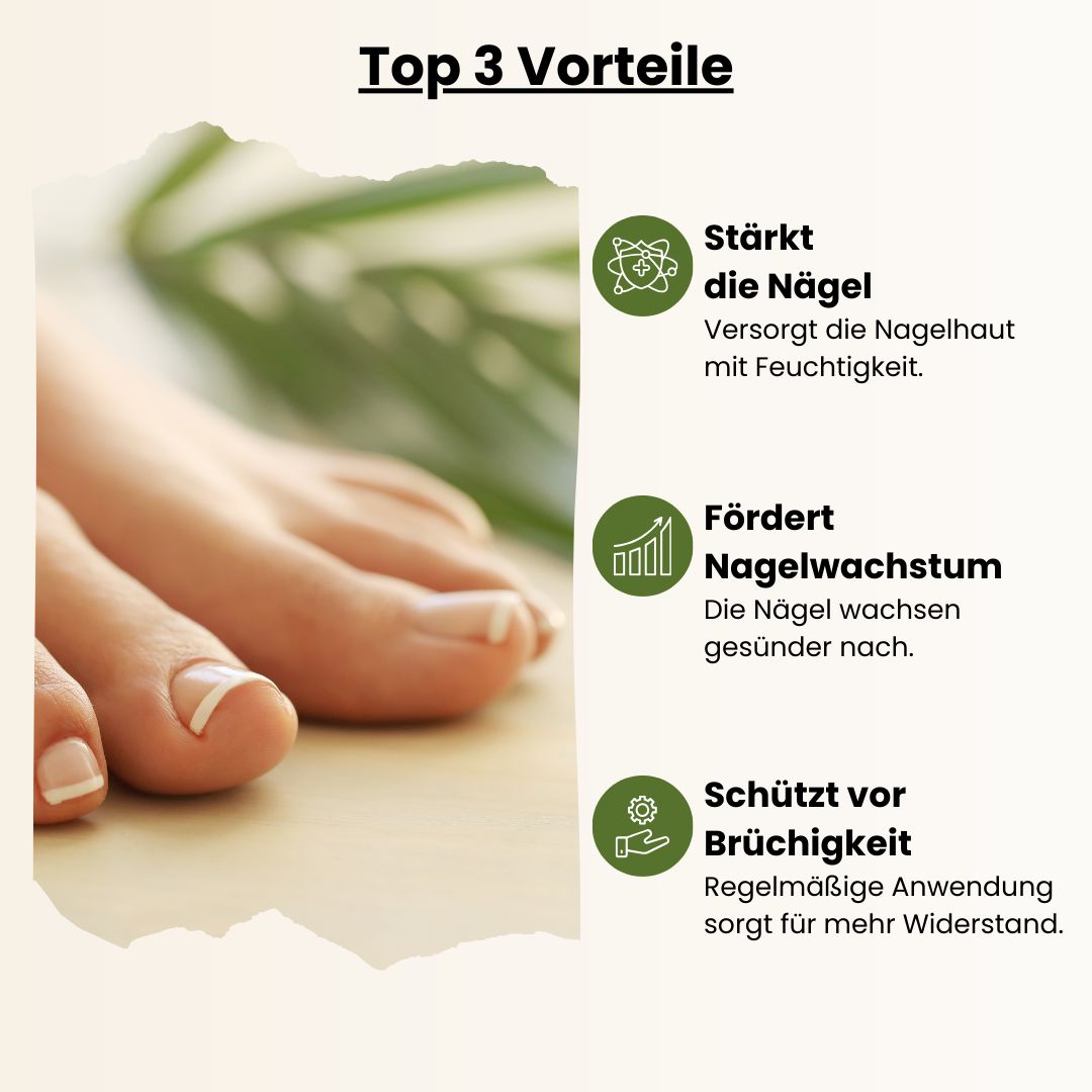 Grafico con tre vantaggi: rafforzamento delle unghie, promozione della crescita, protezione dalla fragilità. Simboli accanto ai testi.