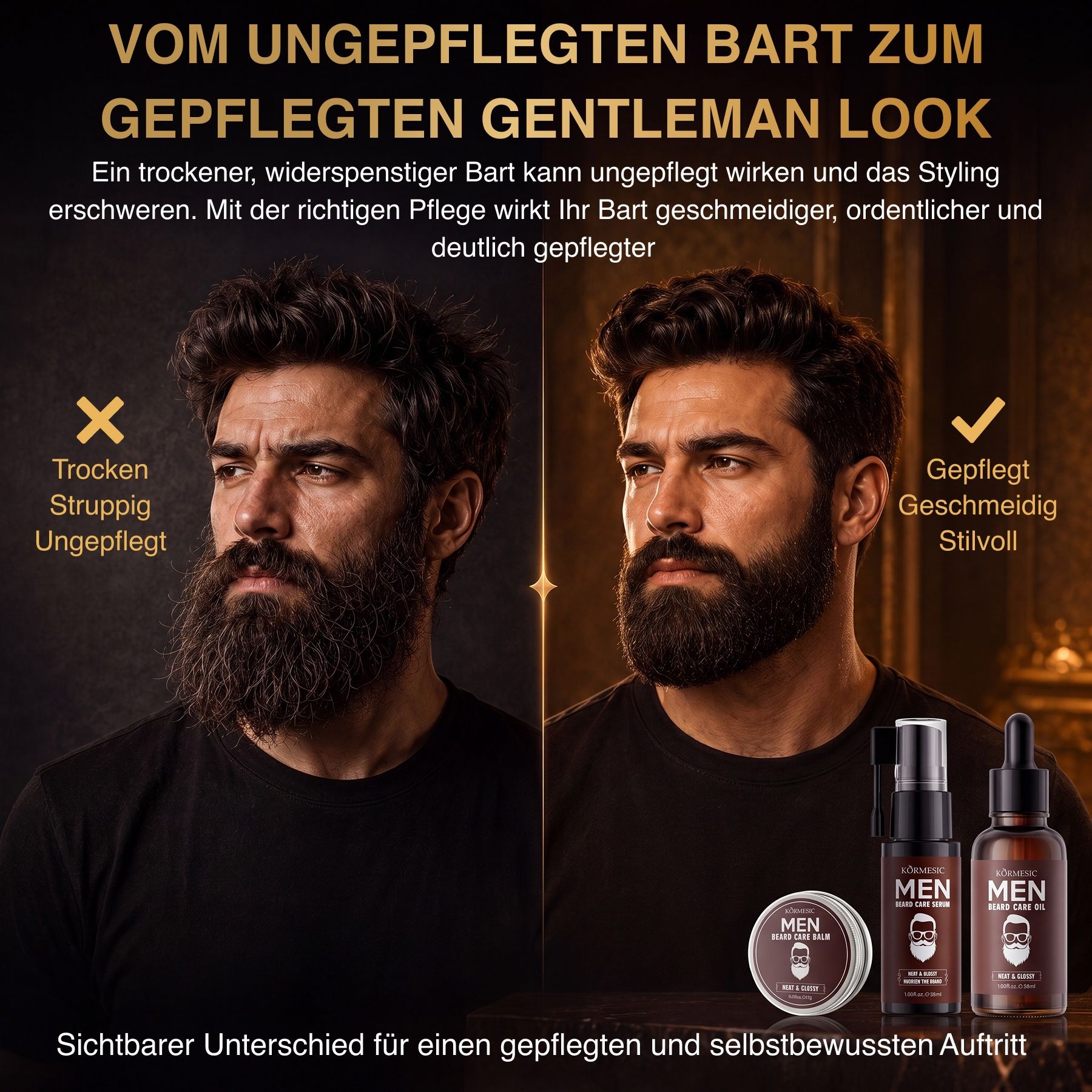 Due uomini con barba. A sinistra, barba incolta; a destra, barba curata. Prodotti per la cura della barba accanto.
