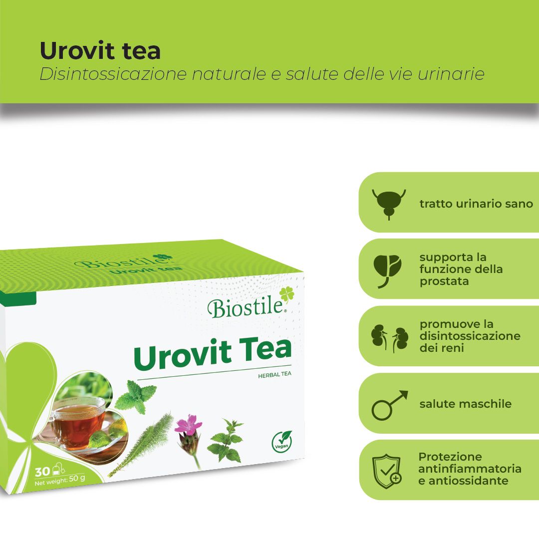 Confezione di tè Biostile Urovit con testo. Vantaggi: vie urinarie sane, funzione prostatica, disintossicazione renale, salute maschile.