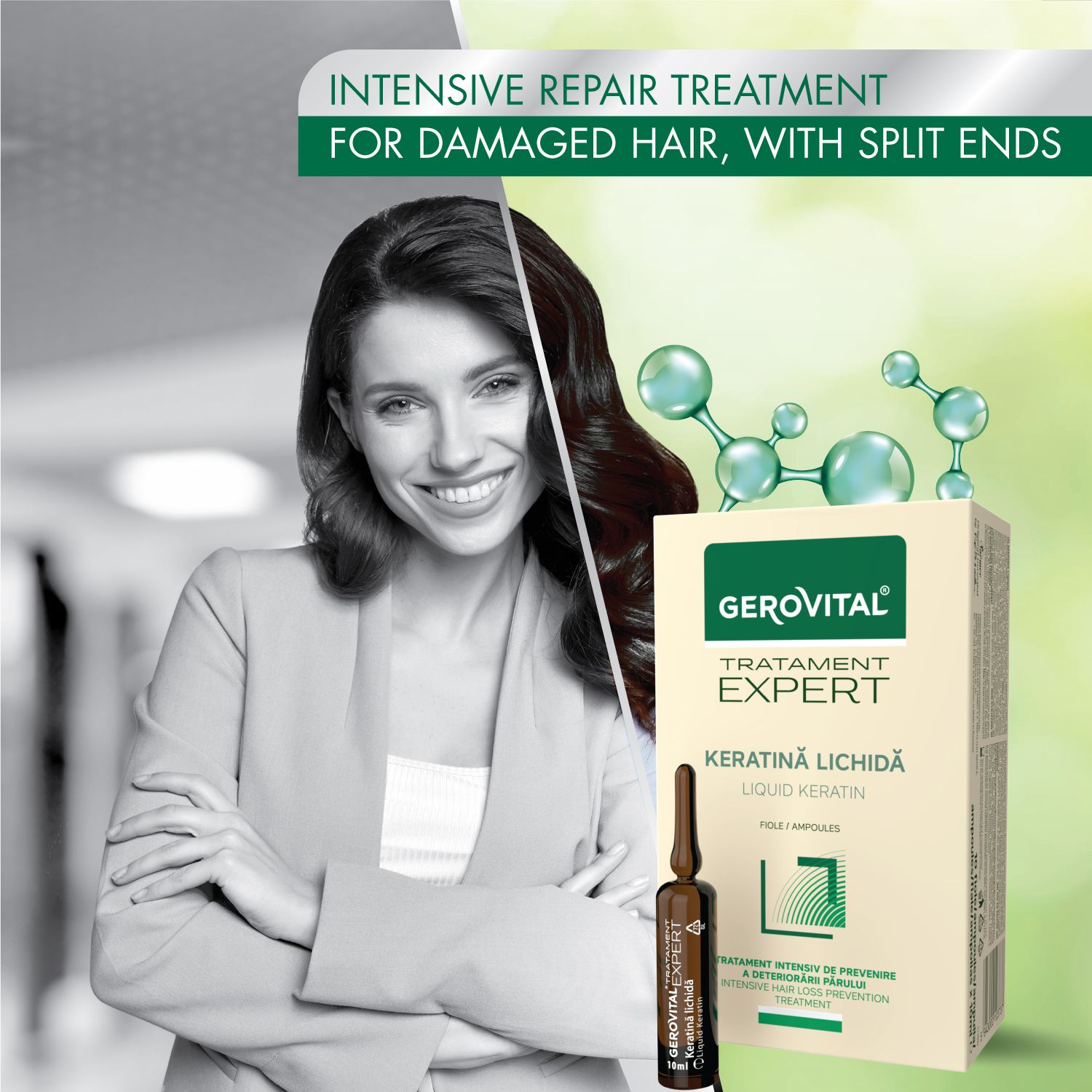 Donna con confezione e fiala Gerovital Expert Cheratina. Scritta: Keratină Lichidă, Liquid Keratin. Sfondo sfocato.