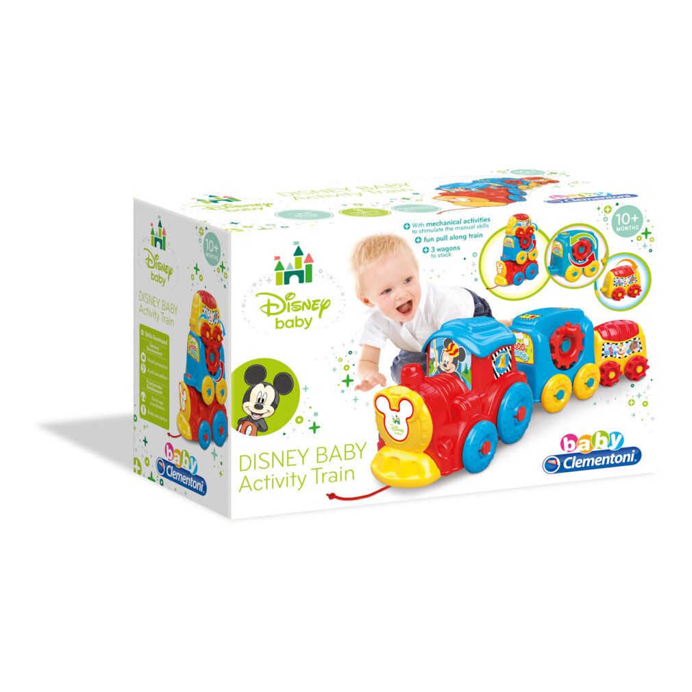 Confezione con trenino giocattolo. Disney Baby Activity Train. Illustrazione di Mickey Mouse. Bambino che gattona. Logo Clementoni.