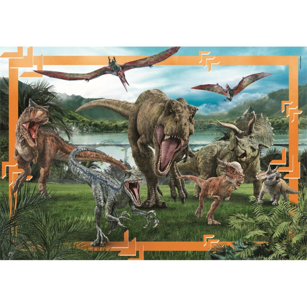 Puzzle con dinosauri. 104 pezzi. Cornice arancione. Rappresentazione di dinosauri in un paesaggio con alberi e montagne.