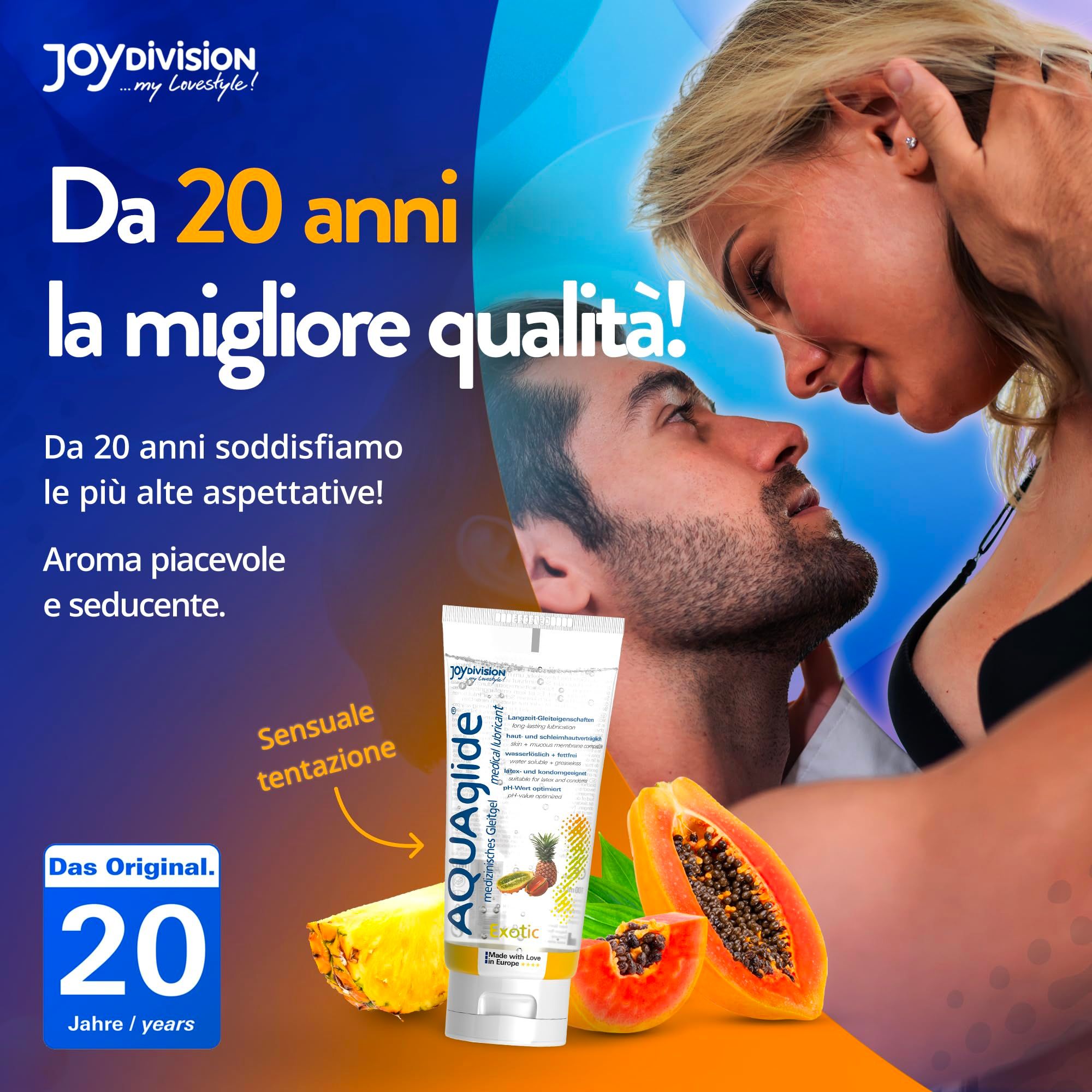 Tubo di gel lubrificante medicale AQUAGLIDE 100ml con motivo ananas e kiwi. Fatto con amore in Europa.