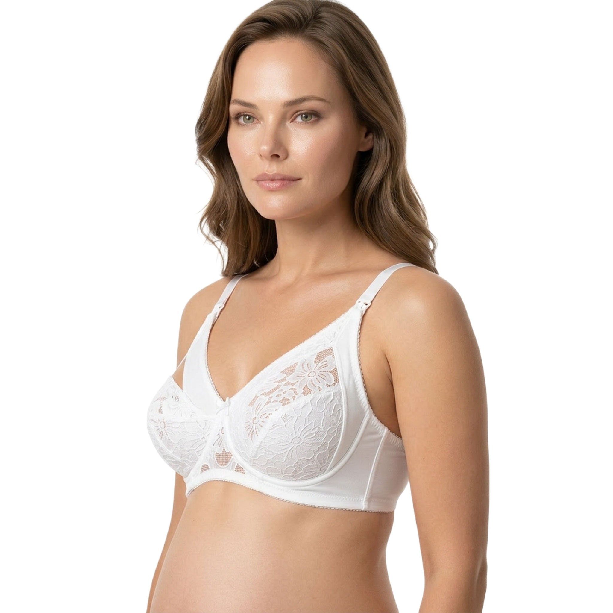 Donna indossa reggiseno allattamento bianco con pizzo Rebrodè, coppa C. Vista laterale. Spalline regolabili e motivo floreale.