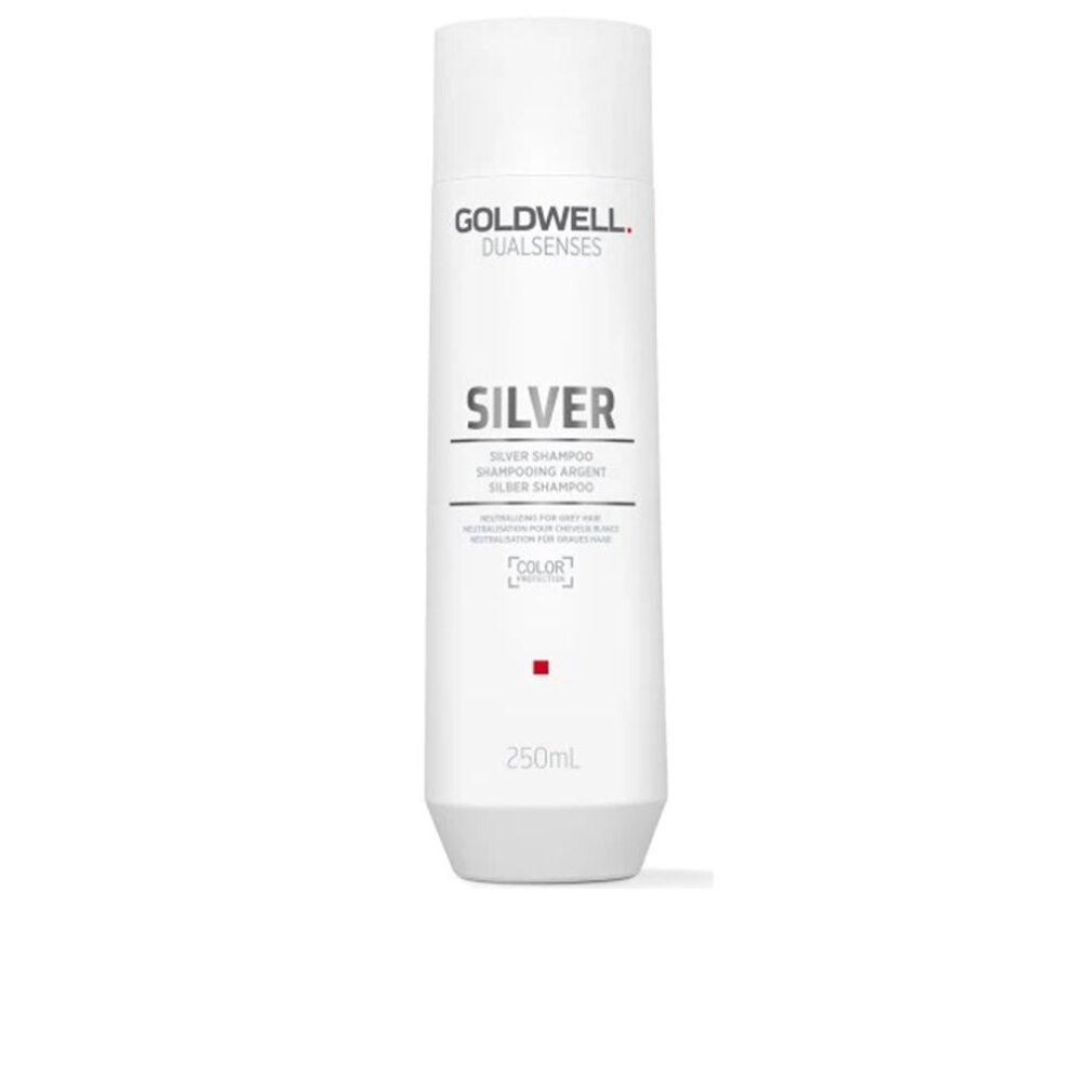 Shampoo bianco con scritta GOLDWELL DUALSENSES SILVER. Nome del prodotto e logo. Punto rosso. 250ml.