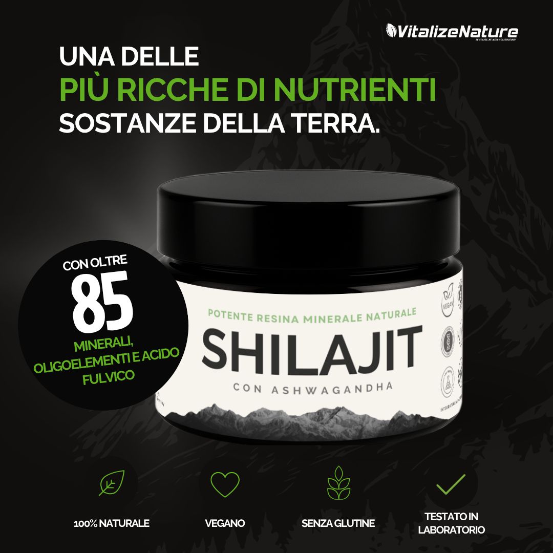 Uomo in posizione di partenza, sigillo 'Qualità verificata', 80% acido fulvico, scorta di 60 giorni.