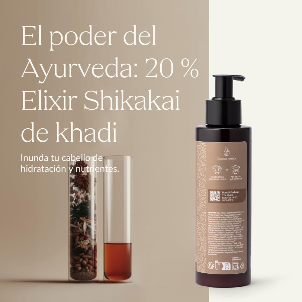 Flacone marrone con pompa. Testo: Elixir Shikakai de Khadi. Accanto a due provette.