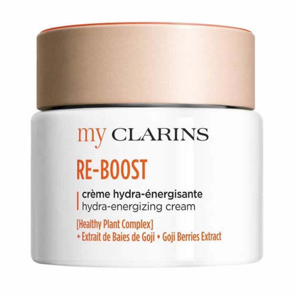 Vaso di crema con coperchio. Testo: my CLARINS RE-BOOST, crema idra-energizzante. Estratto di bacche di goji.