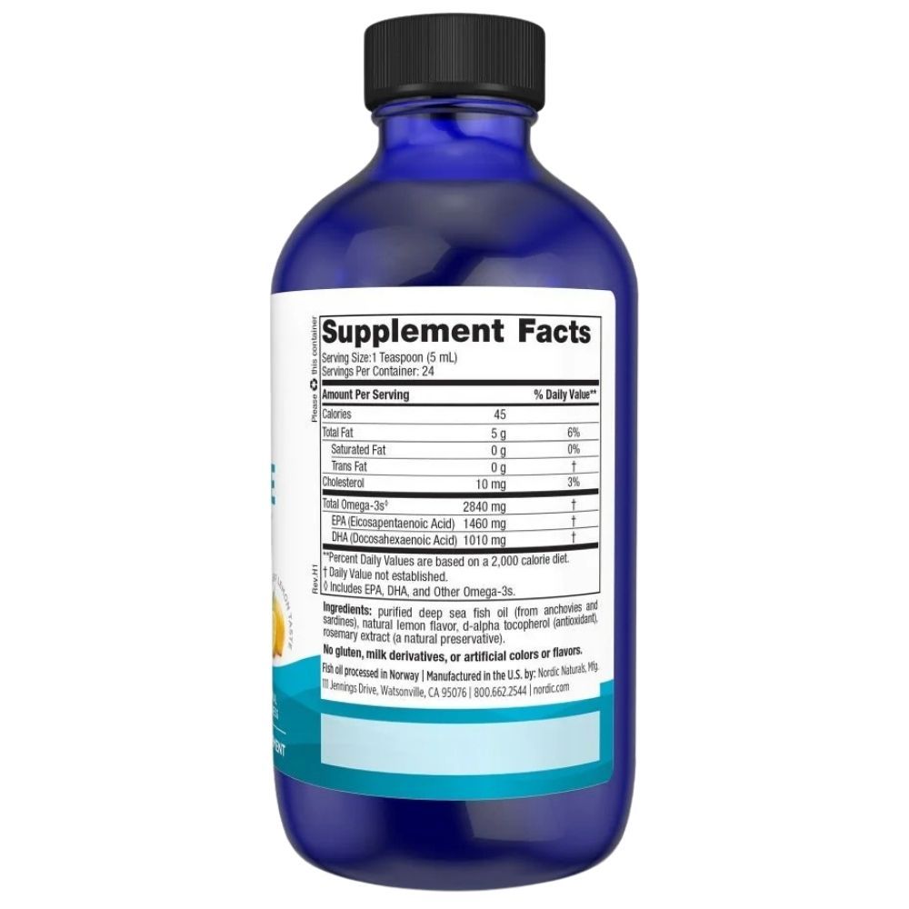 Etichetta "Supplement Facts" su una bottiglia blu con tappo nero. Mostra informazioni nutrizionali e ingredienti.